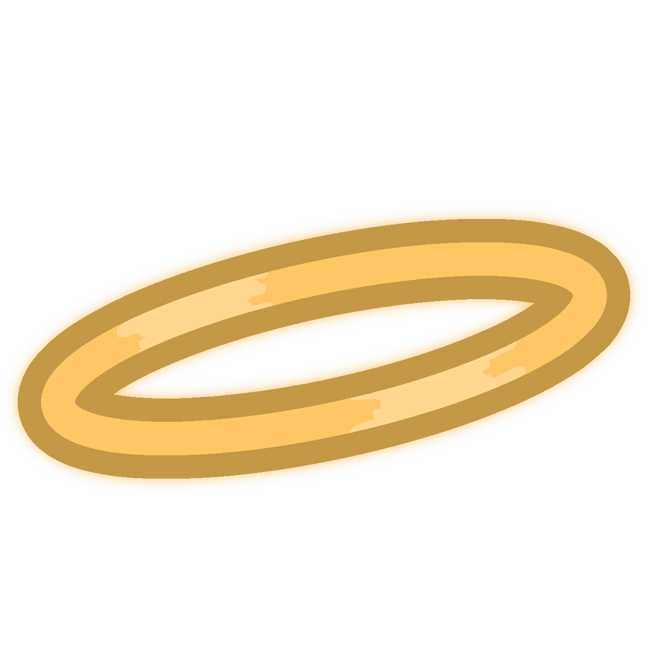 A thick golden halo with a darker gold outline, it has small highlights and is glowing gold as well.